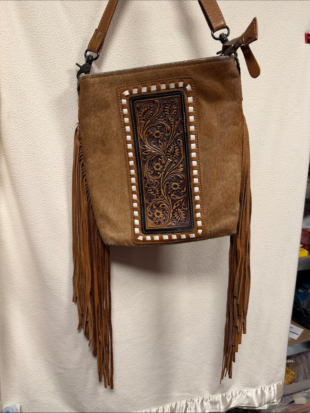 Myra Bag Brown Leather Fringe Crossbody with Tooled Floral Panel